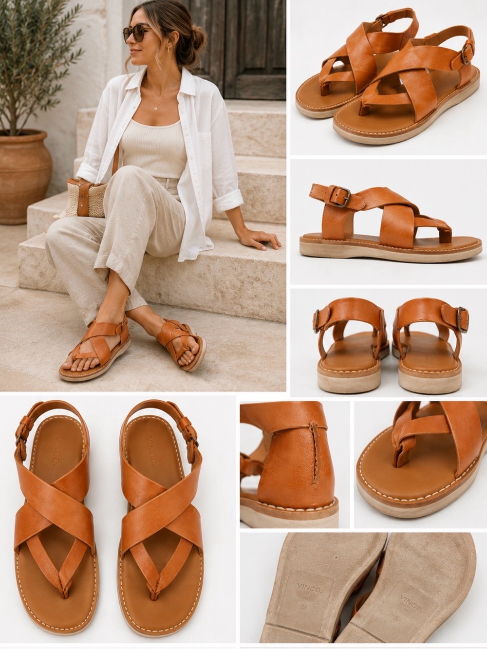 VINCE. Morris Strappy Flat Sandals Tan Brow Leather Toe Thong Buckle Women 38/8